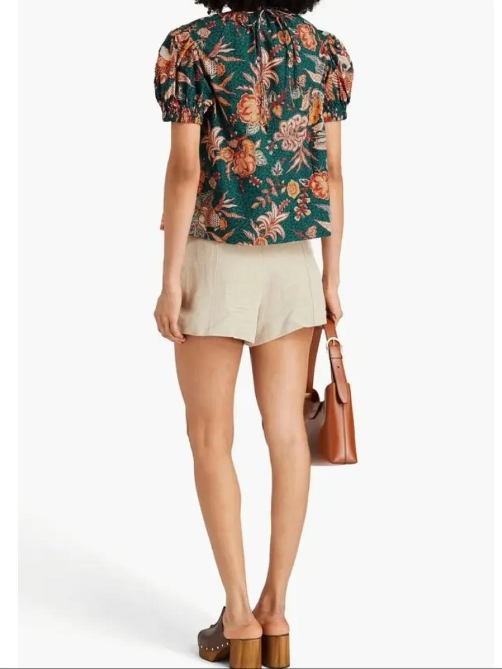 Ulla Johnson Frances Top Floral Puff-Sleeve 100% Cotton Blouse Deep Teal Orange